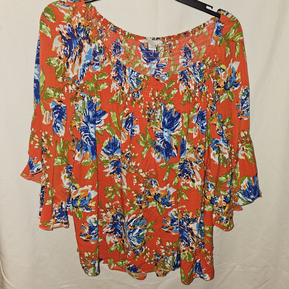 Vibrant Floral Women's Blouse - Orange and Blue